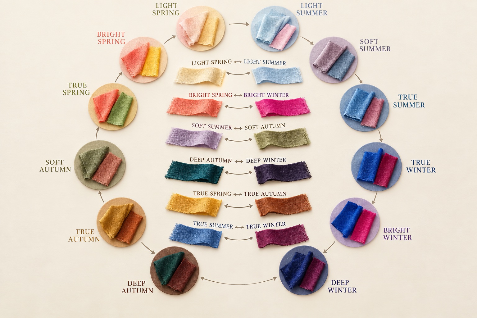 Circular fabric-swatch diagram showing visual bridges between light, bright, soft, and deep neighboring seasonal palettes