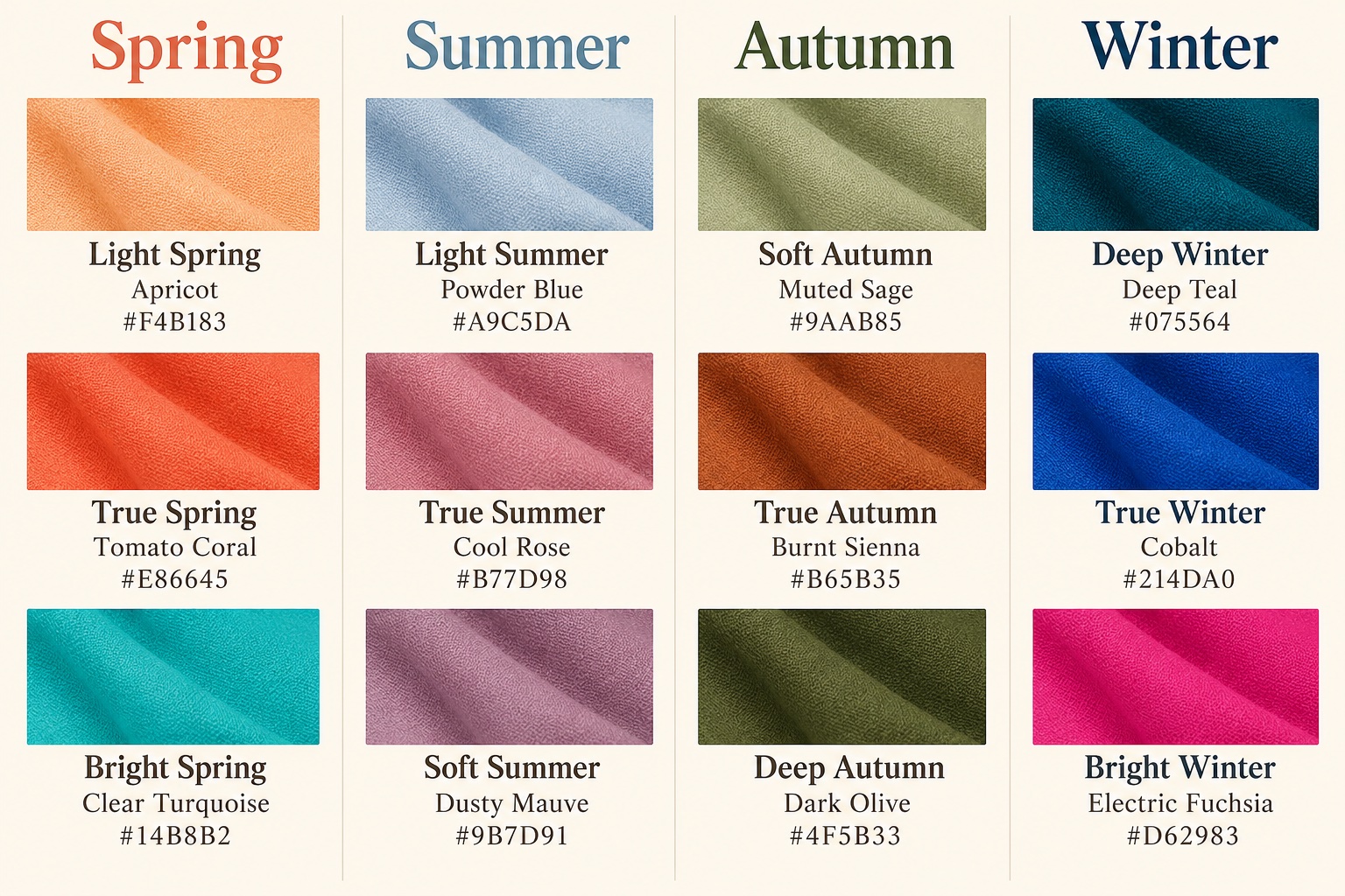 Editorial grid of twelve signature fabric swatches for all seasonal subseasons, grouped by the four season families