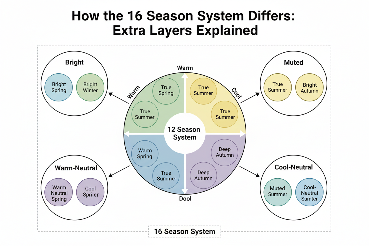 12 Season Color Analysis vs 16 Season section visual for How the 16 Season System Differs: Extra Layers Explained