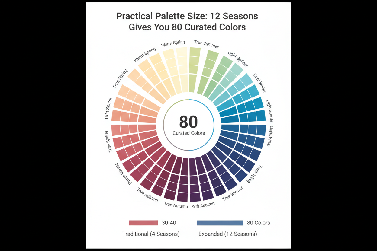 12 Season Color Analysis vs 16 Season section visual for Practical Palette Size: 12 Seasons Gives You 80 Curated Colors