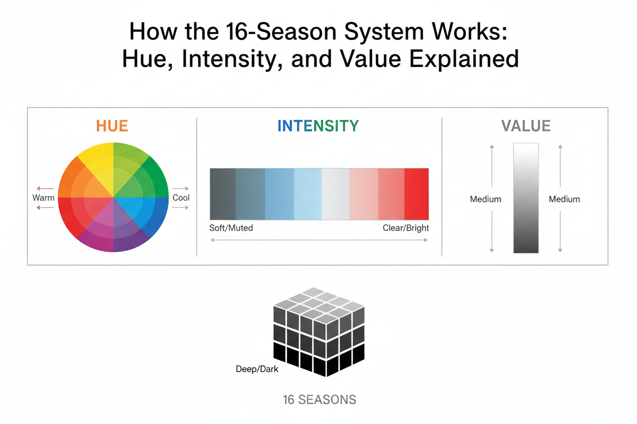 16 Season Color Analysis Explained section visual for How the 16-Season System Works: Hue, Intensity, and Value Explained