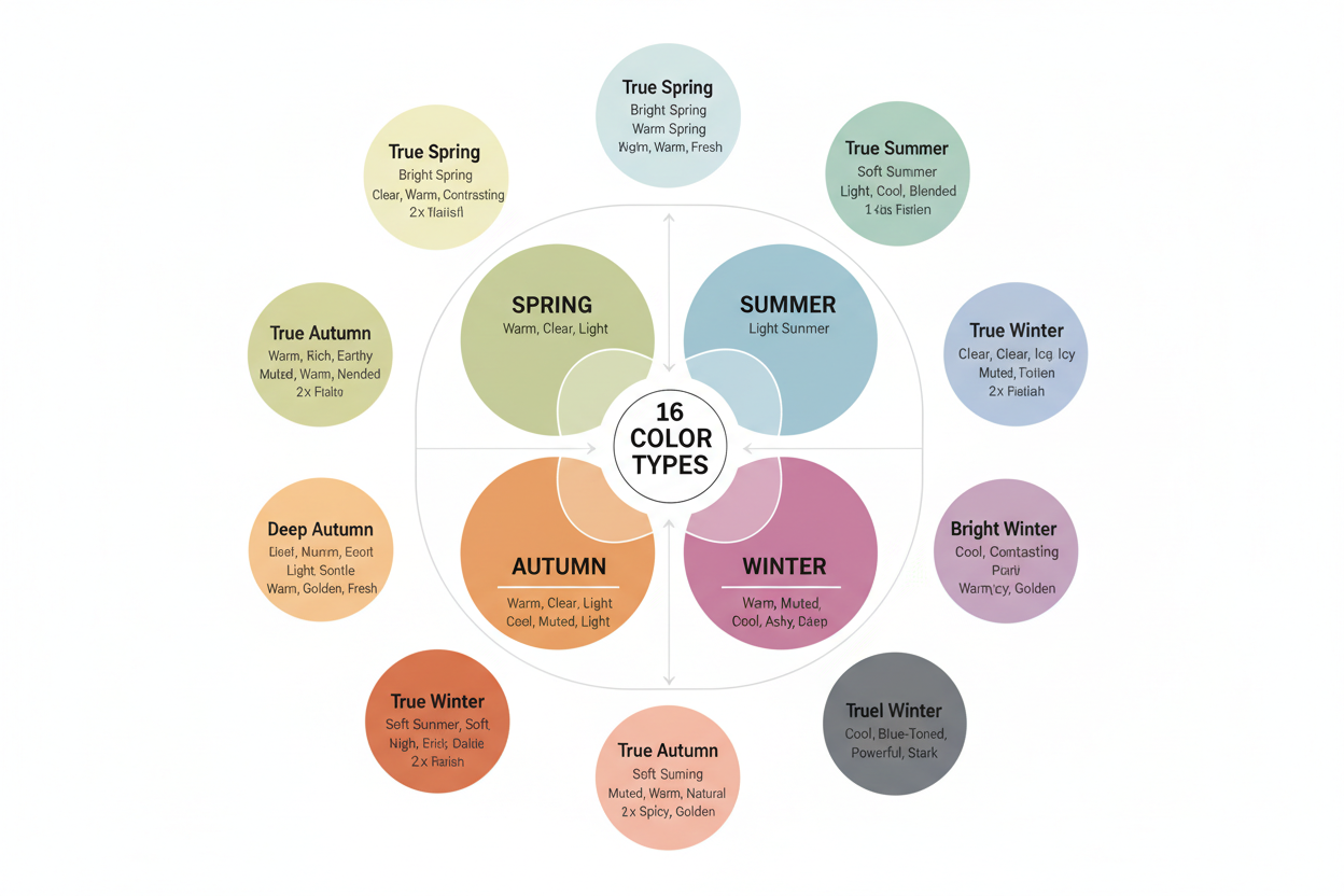 16 Season Color Analysis Explained section visual for The 16 Color Types at a Glance: Names, Parent Seasons, and Key Traits