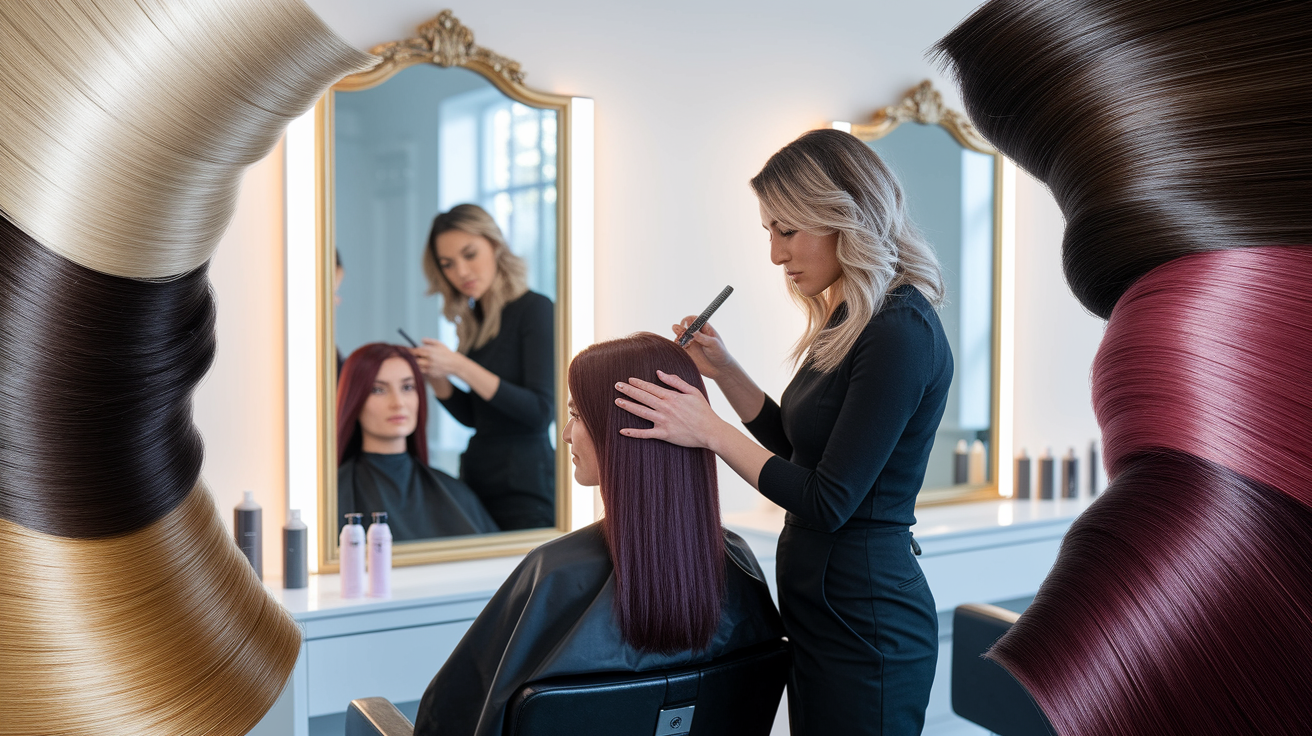 Woman achieving the perfect true winter hair color shade with professional techniques