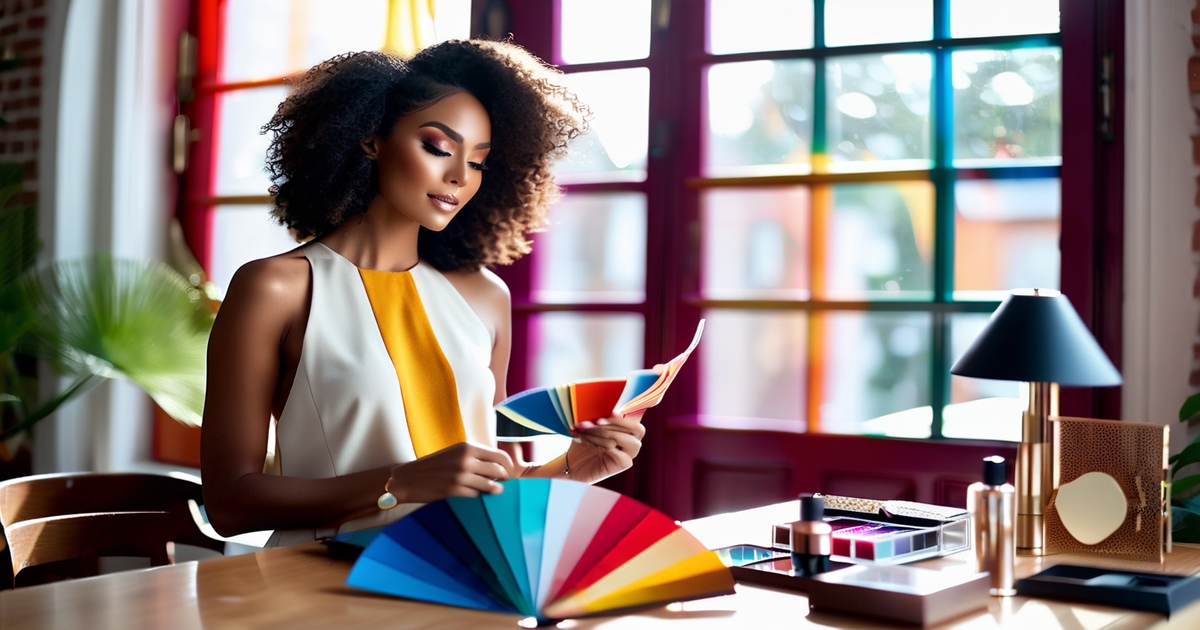 Diverse woman examining AI color analysis results with palette recommendations and styling suggestions