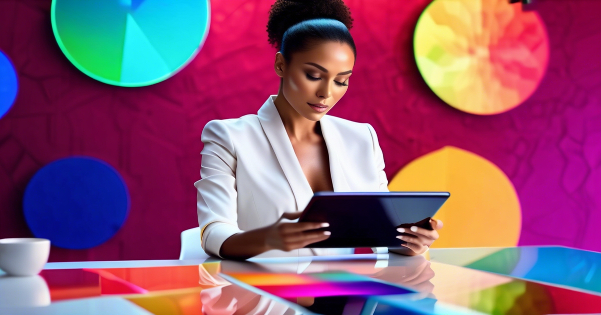 Professional woman using AI technology for color analysis with digital tools and color matching software