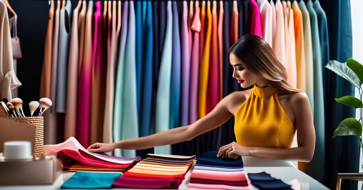 Woman organizing colorful wardrobe items according to her seasonal color palette