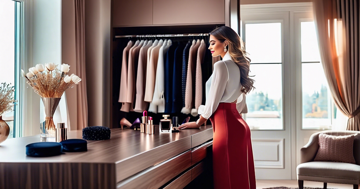 Realistic woman standing beside organized wardrobe showcasing seasonal color coordination