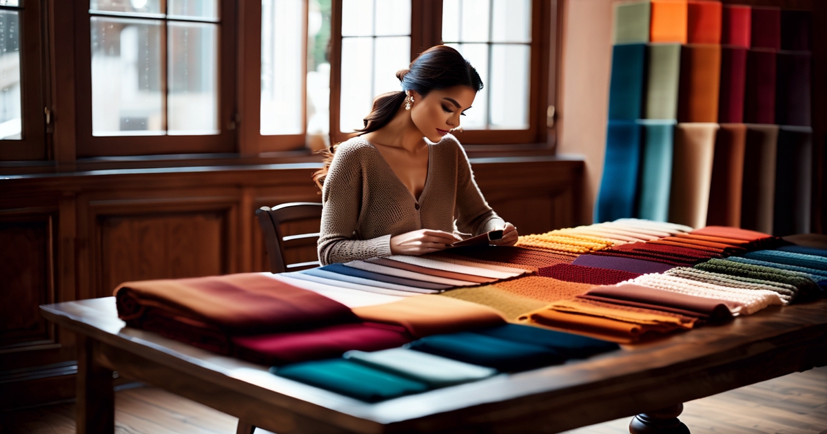 Woman sitting at wooden table with autumn color palette swatches and styling elements