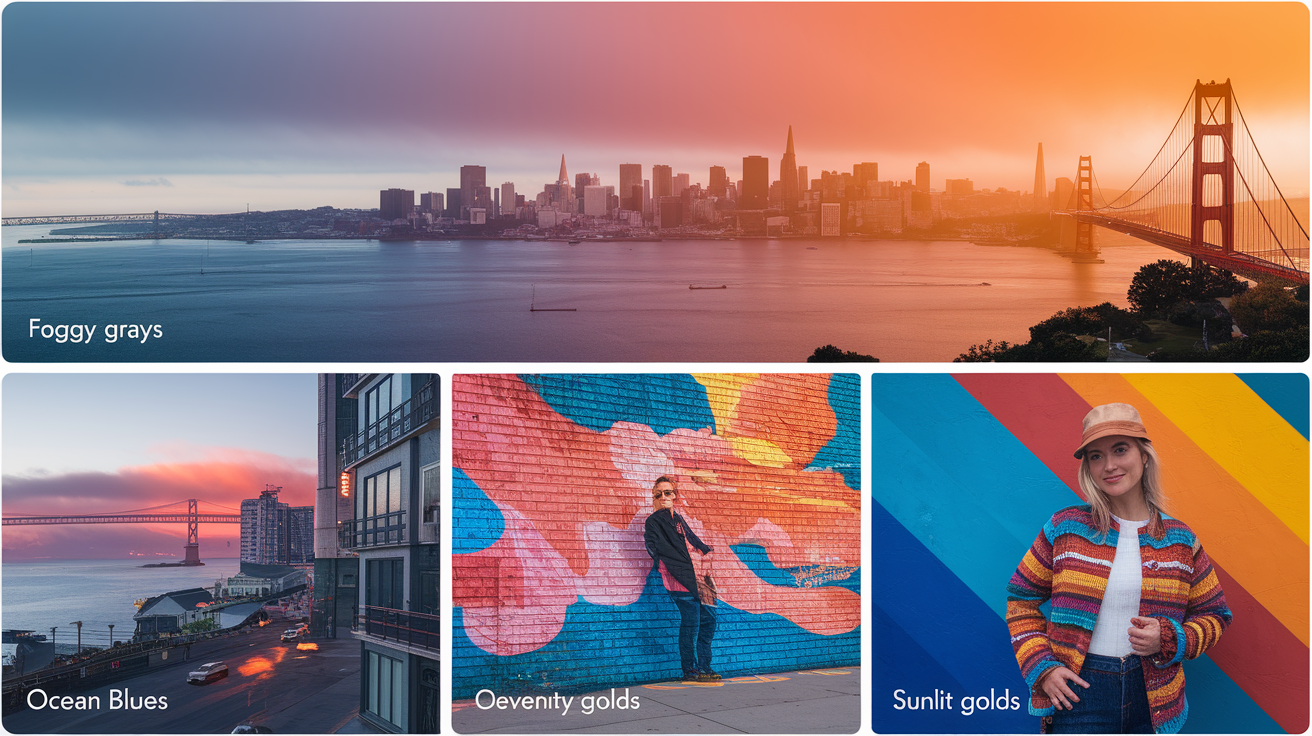 Bay Area inspired color palette showing foggy grays, ocean blues, golden sun tones, and nature-inspired hues