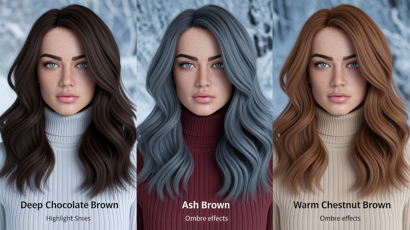 Popular brown hair color shades perfect for winter season with styling examples