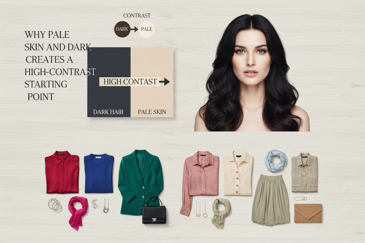 Best Clothing Colors for Brunettes With Fair Skin section visual for Why Pale Skin and Dark Hair Creates a High-Contrast Starting Point