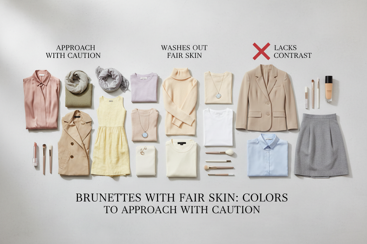 Best Clothing Colors for Brunettes With Fair Skin section visual for Colors to Approach With Caution: Shades That Can Wash Out Fair Skin
