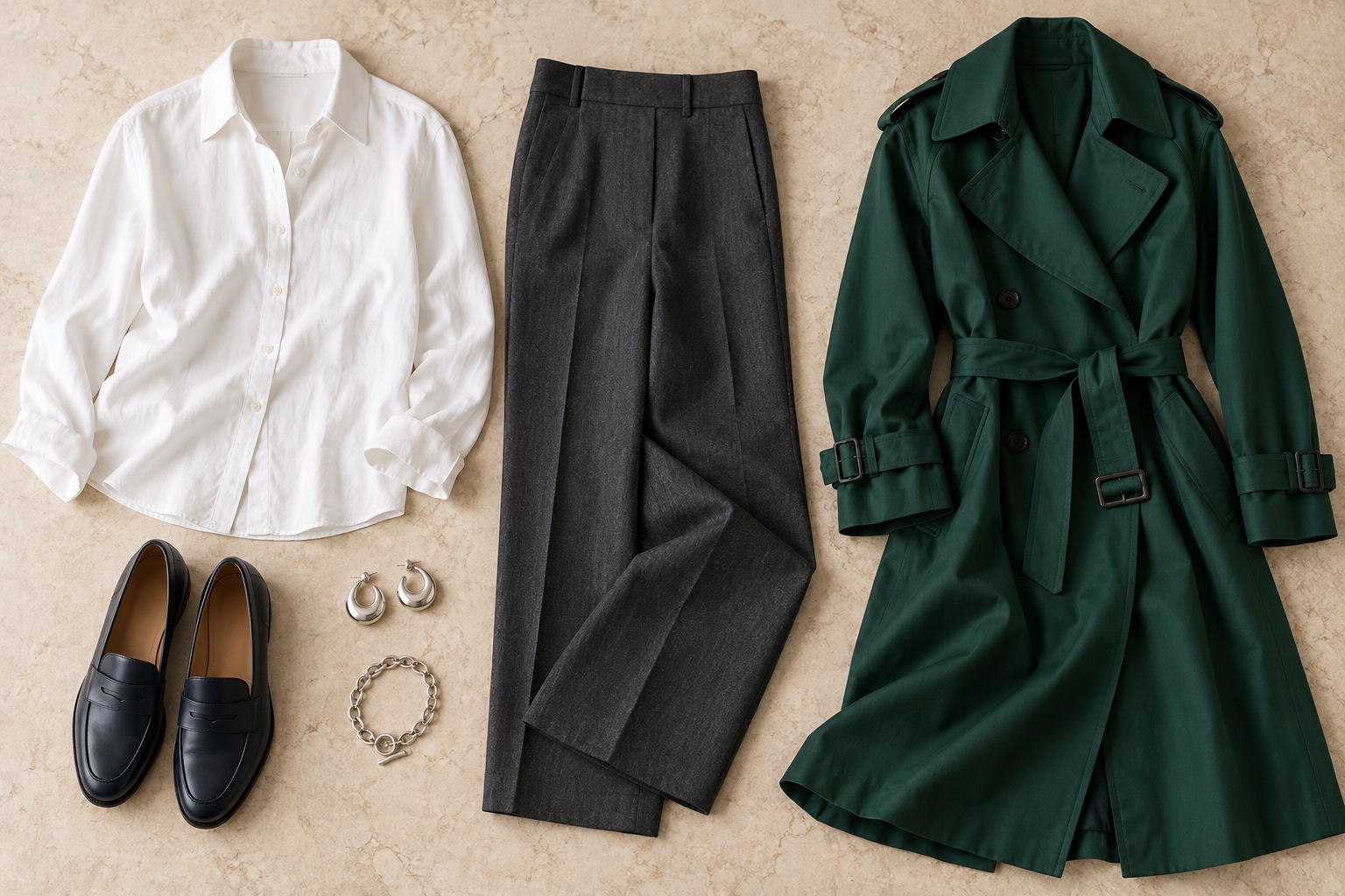 Flatlay of a white button-down shirt, charcoal trousers, emerald trench coat, navy loafers, and polished silver jewelry