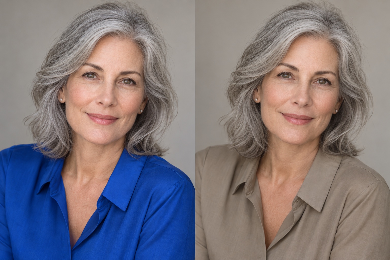 Side-by-side portrait of a silver-haired woman in sapphire blue and muted khaki-beige tops under similar lighting