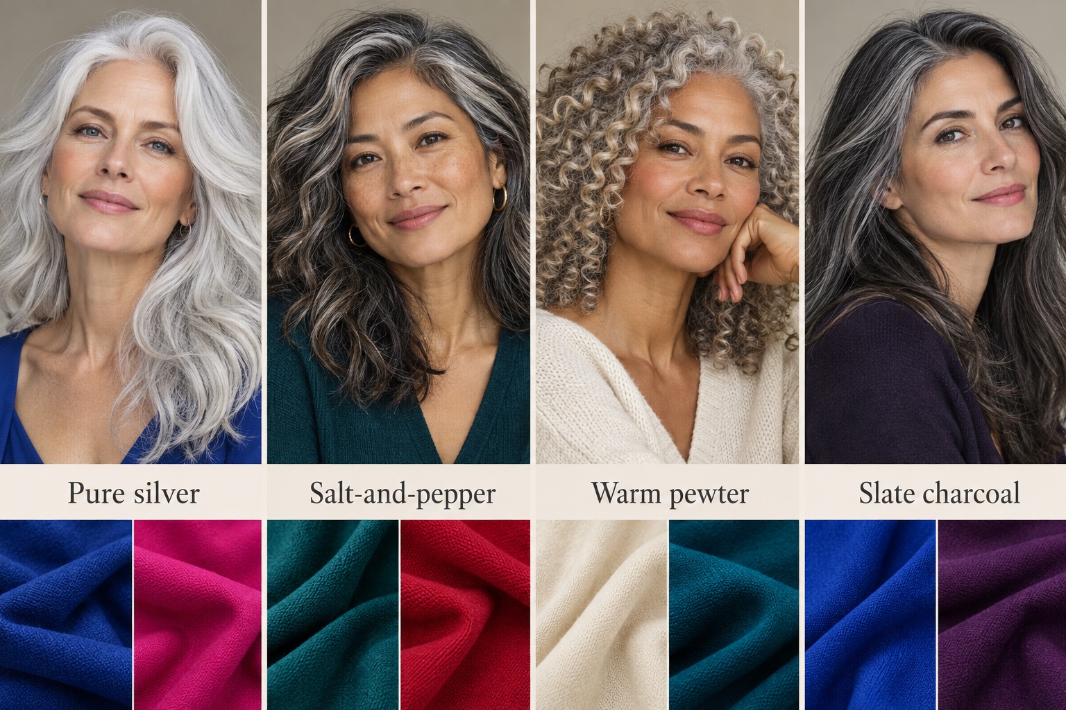 Four women showing pure silver, salt-and-pepper, warm pewter, and slate charcoal hair above corresponding fabric swatches