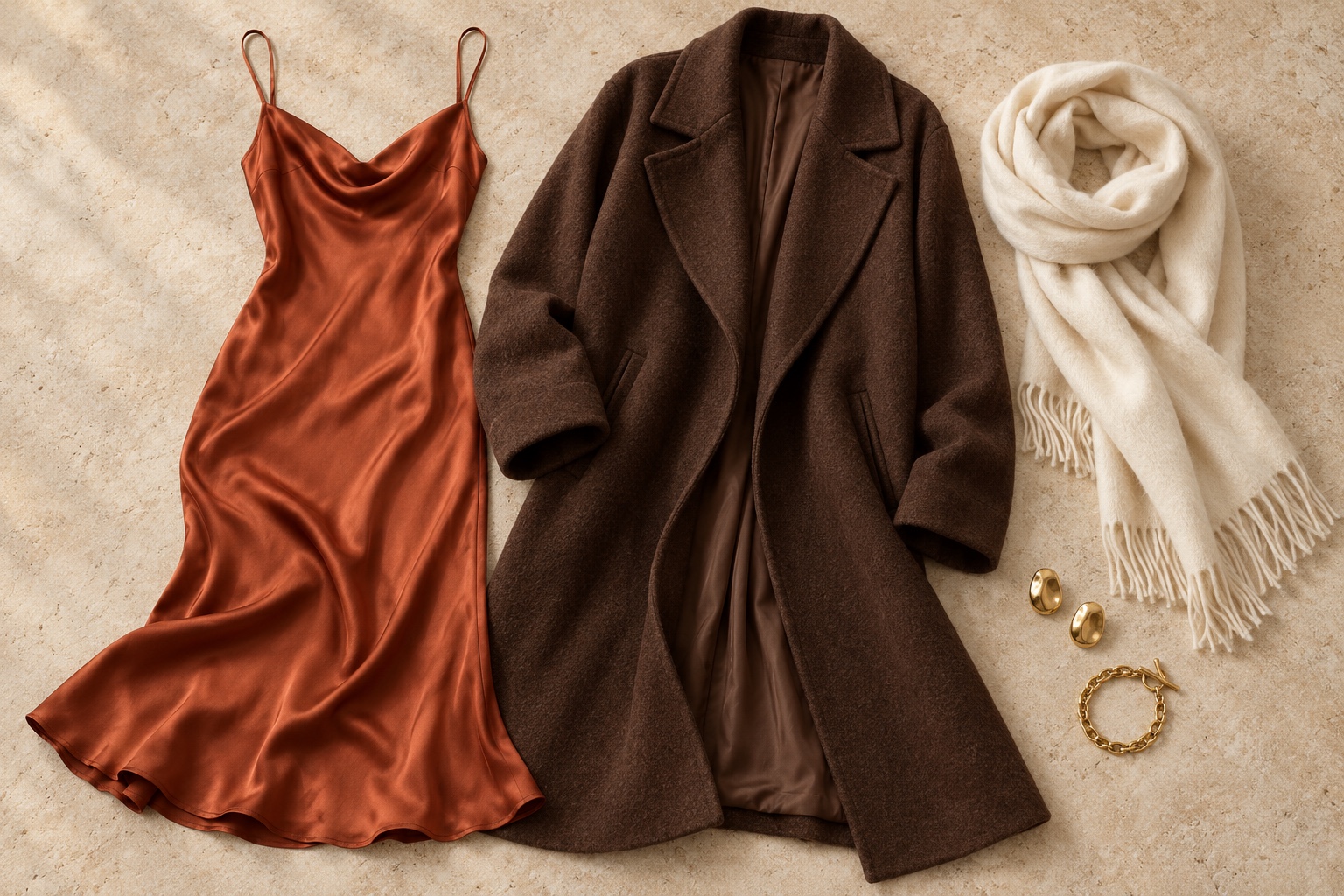 Rust silk slip dress, chocolate wool coat, ivory scarf, and antique gold jewelry arranged in an outfit flatlay