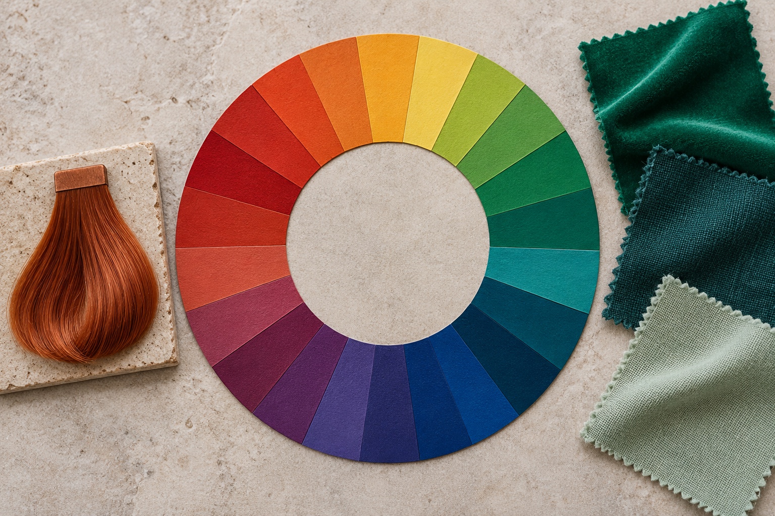 Physical color wheel places copper and red-orange swatches across from green and blue-green, beside emerald, teal, and mint fabrics
