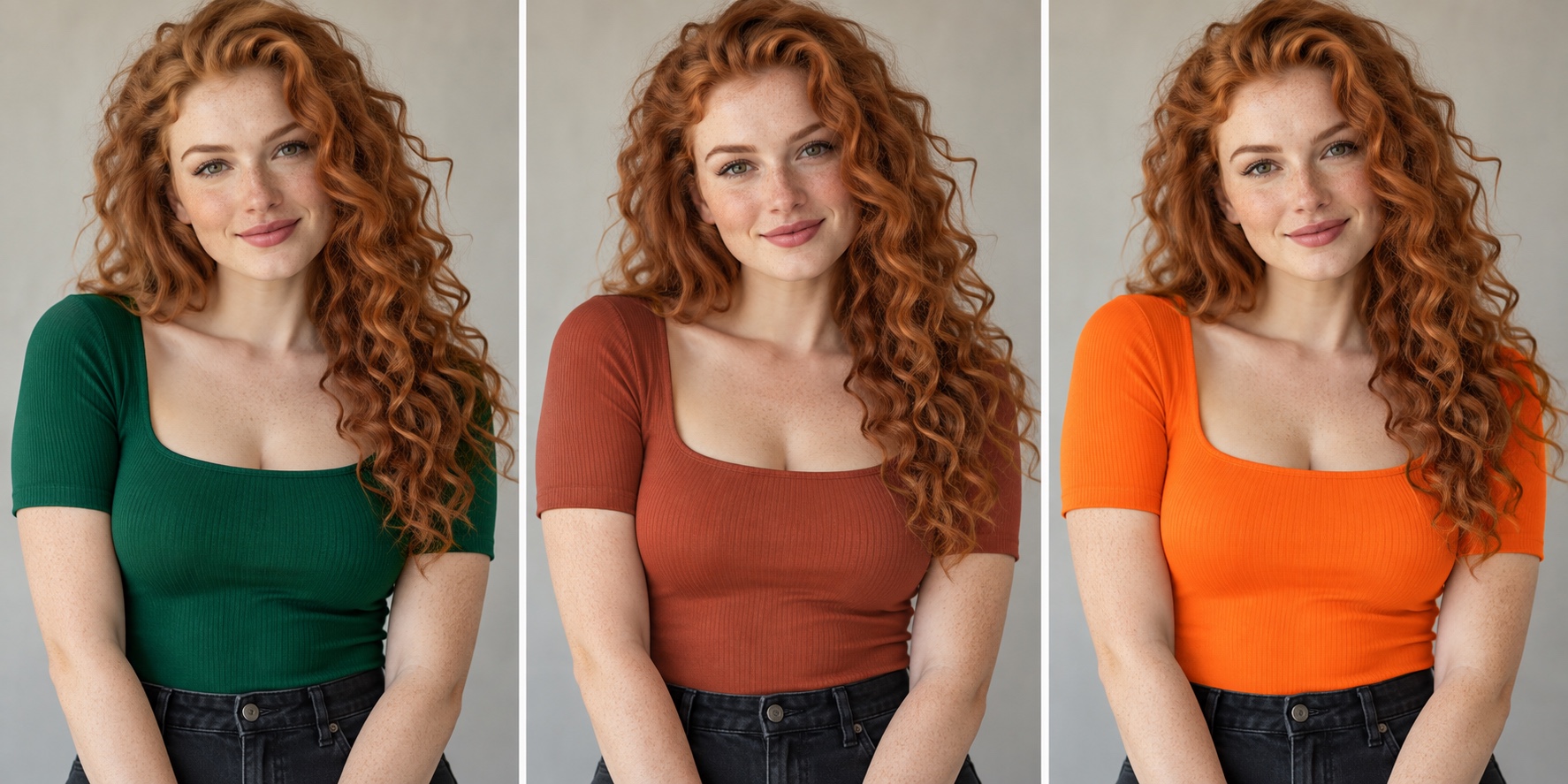 Same fictional copper-haired woman in three panels wearing emerald green, muted terracotta, and neon orange tops