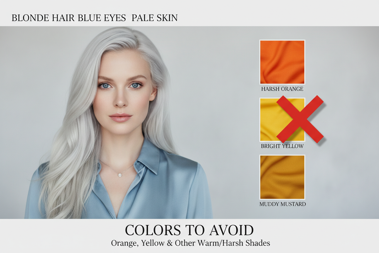 Best Colors for Blondes With Blue Eyes and Pale Skin section visual for Colors to Avoid: Orange, Yellow, and Other Harsh Shades