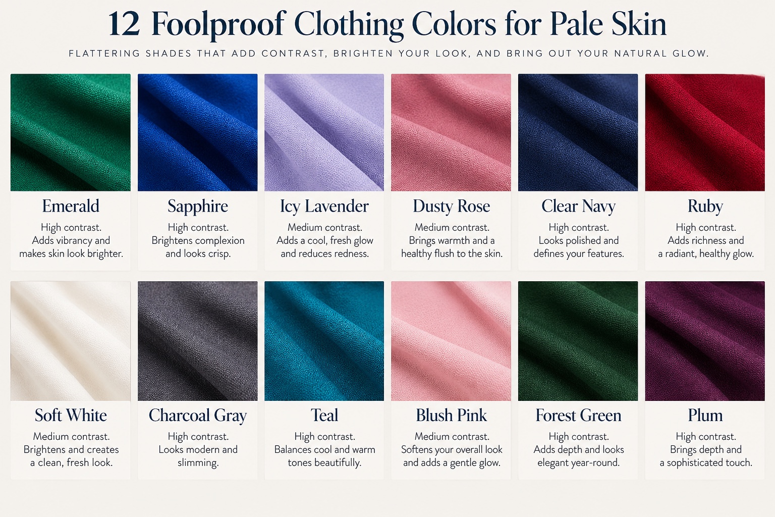 Twelve clothing swatches for pale skin, including emerald, sapphire, icy lavender, dusty rose, clear navy, and ruby, labeled by contrast level