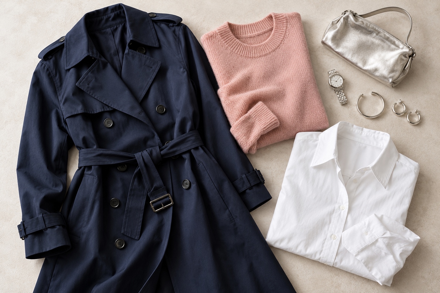 Flatlay of navy trench coat, soft rose knit, crisp white shirt, and silver accessories