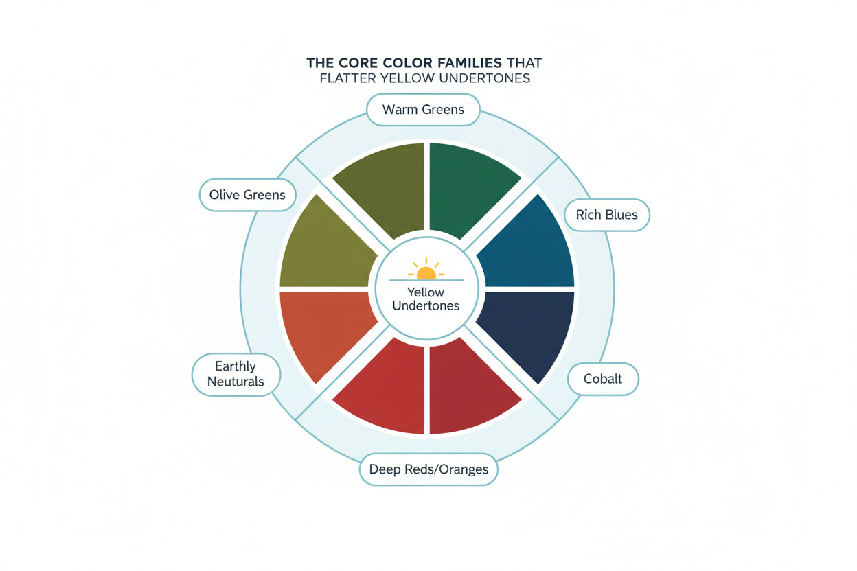 Best Colors for Yellow Undertone Skin section visual for The Core Color Families That Flatter Yellow Undertones