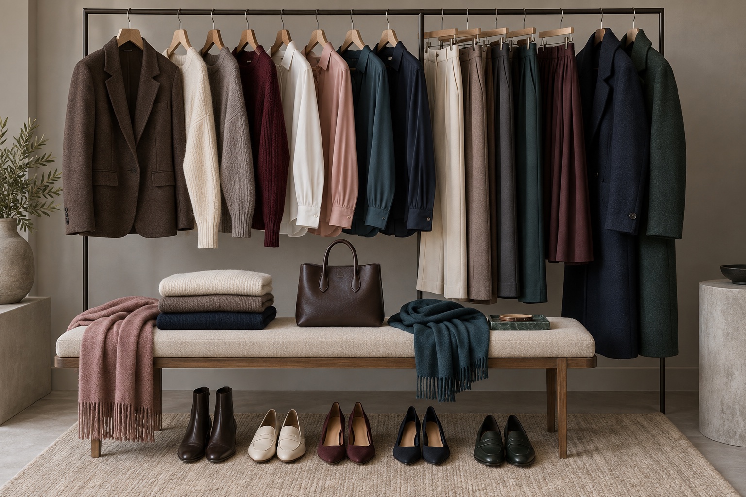 Neutral olive capsule wardrobe in ivory mushroom cocoa navy teal burgundy muted rose and pine