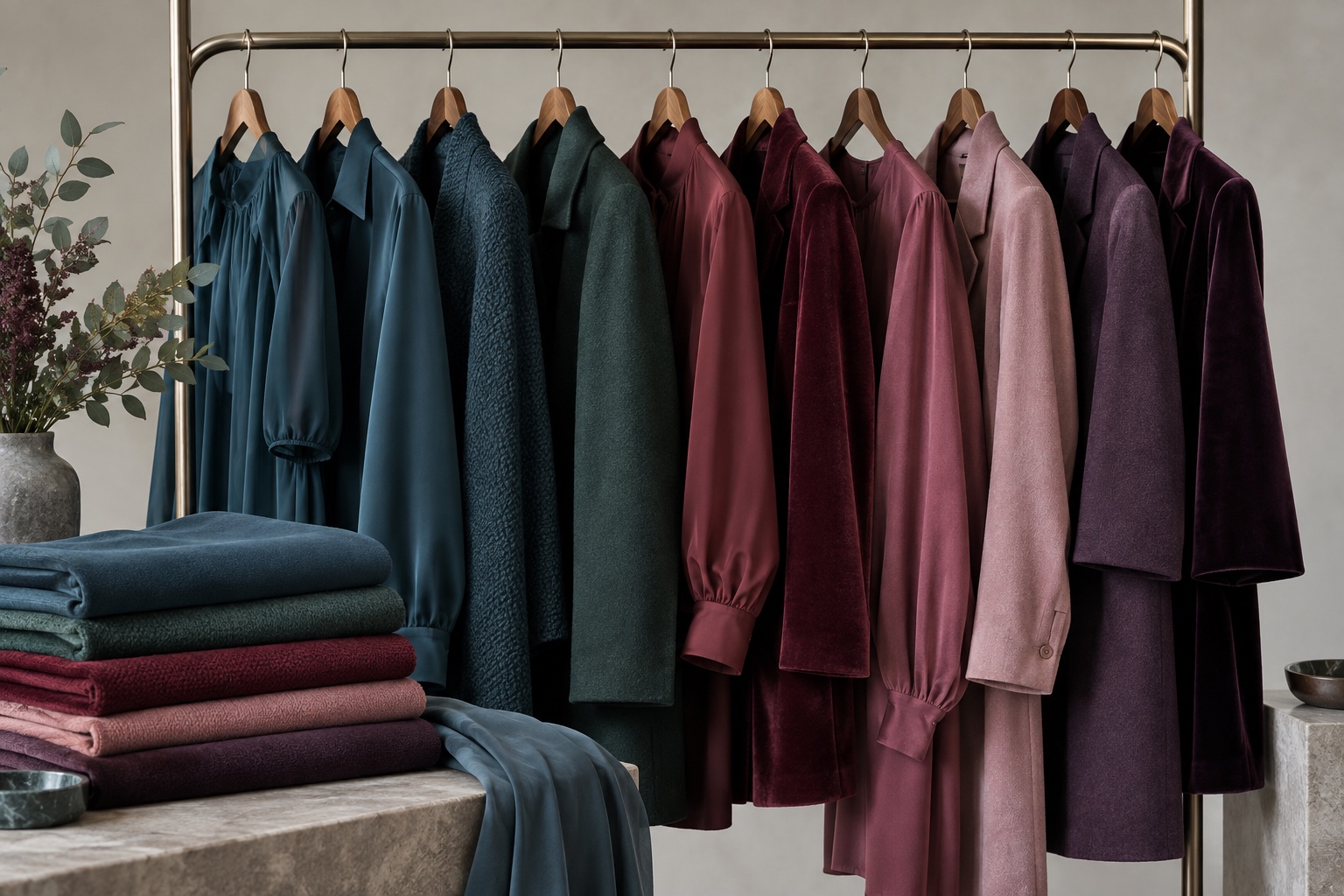 Wardrobe fabrics in smoky teal petrol pine burgundy muted rose berry and aubergine
