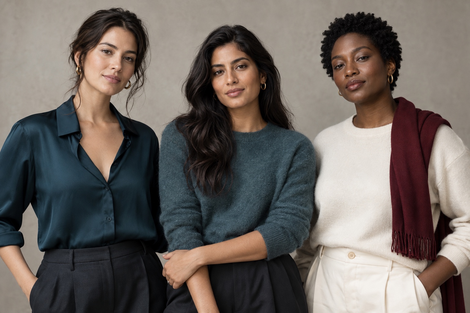 Three women with light medium and deep neutral olive skin wearing teal navy burgundy and soft ivory