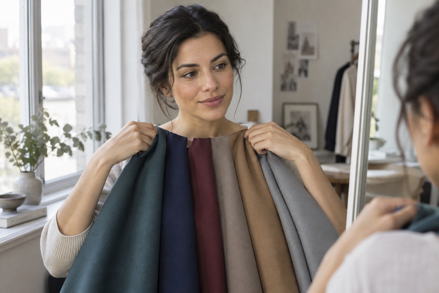 Woman with neutral olive skin comparing teal navy burgundy taupe camel and gray drapes in daylight