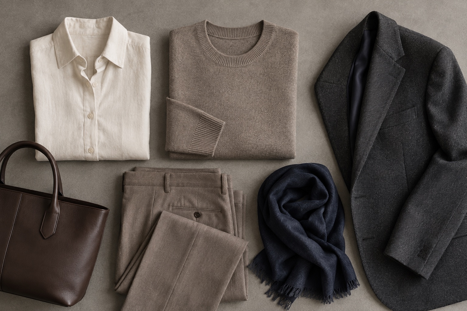 Soft ivory mushroom taupe cocoa charcoal and softened navy wardrobe neutrals arranged as clothing