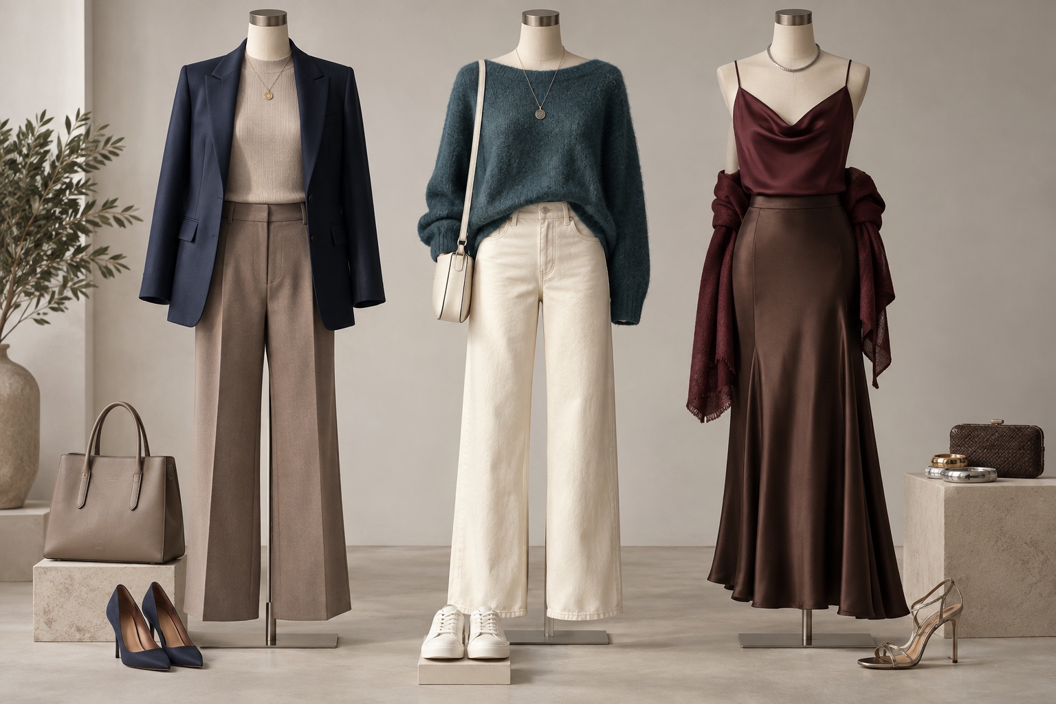Work casual and evening outfits in softened navy mushroom smoky teal soft ivory burgundy and cocoa