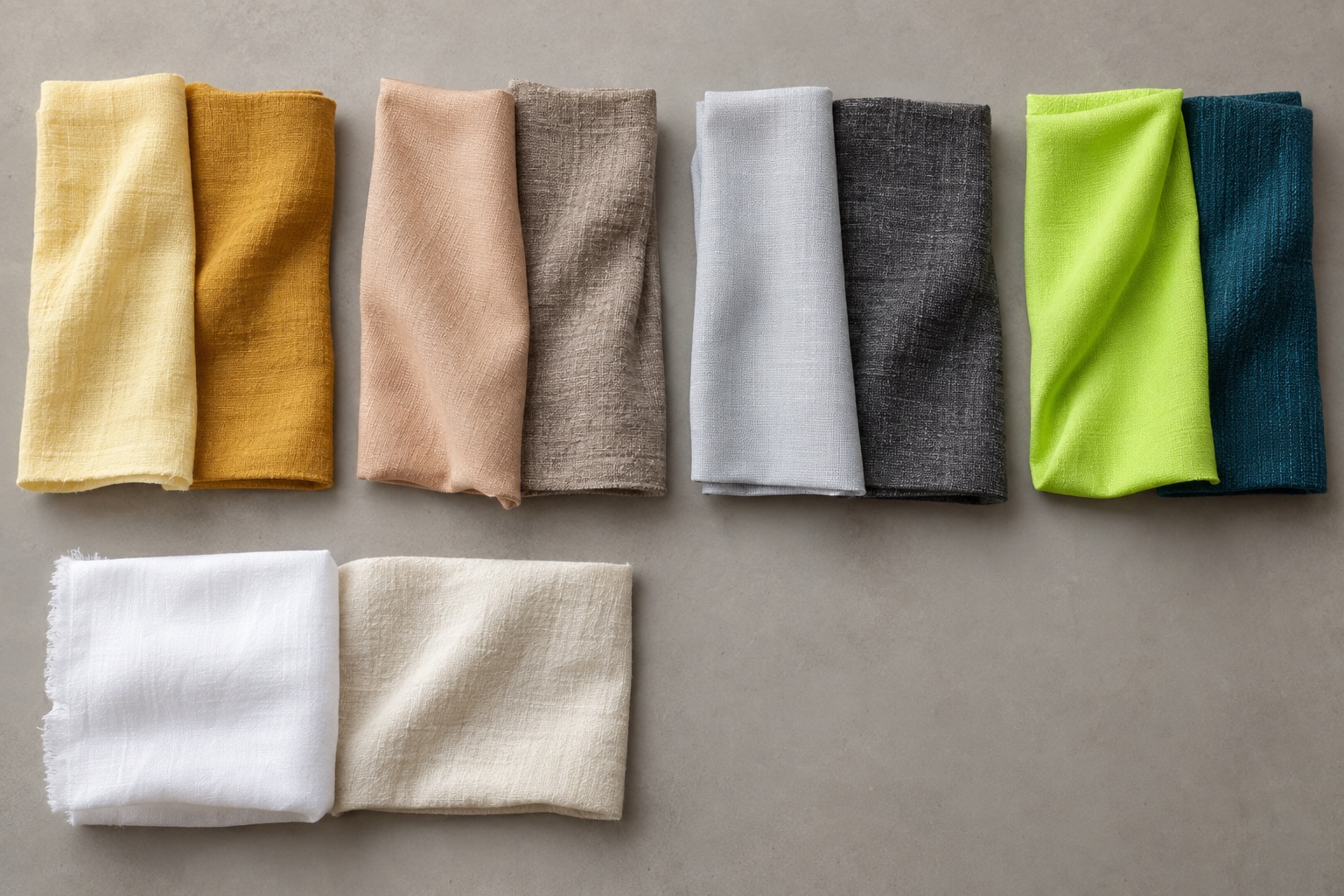 Fabric pairs comparing pale yellow with ochre peach beige with mushroom icy gray with charcoal neon lime with petrol and white with ivory