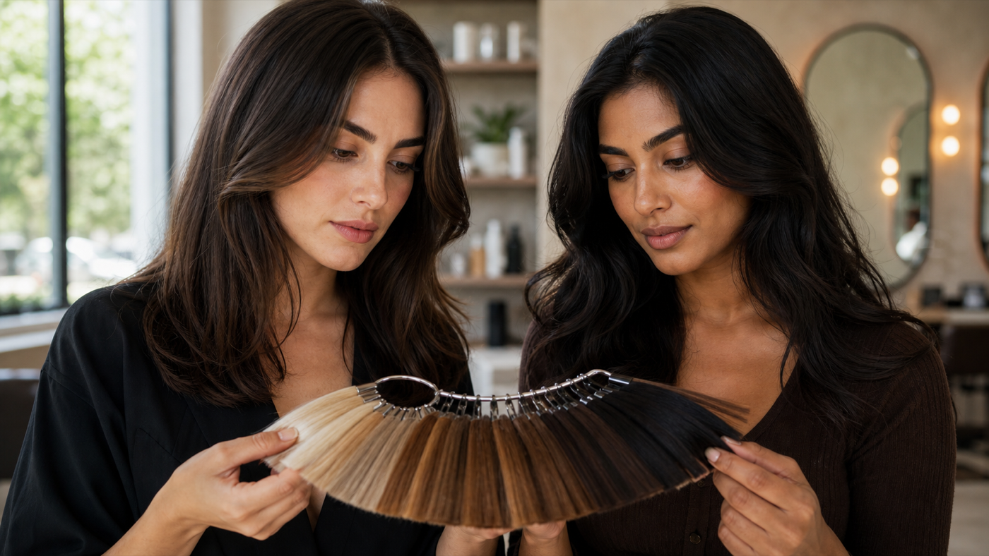 Light, medium, and dark hair swatches compared beside two olive complexions