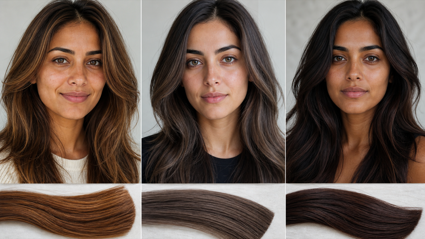 Warm, cool, and neutral olive hair color families shown with coordinated shade swatches