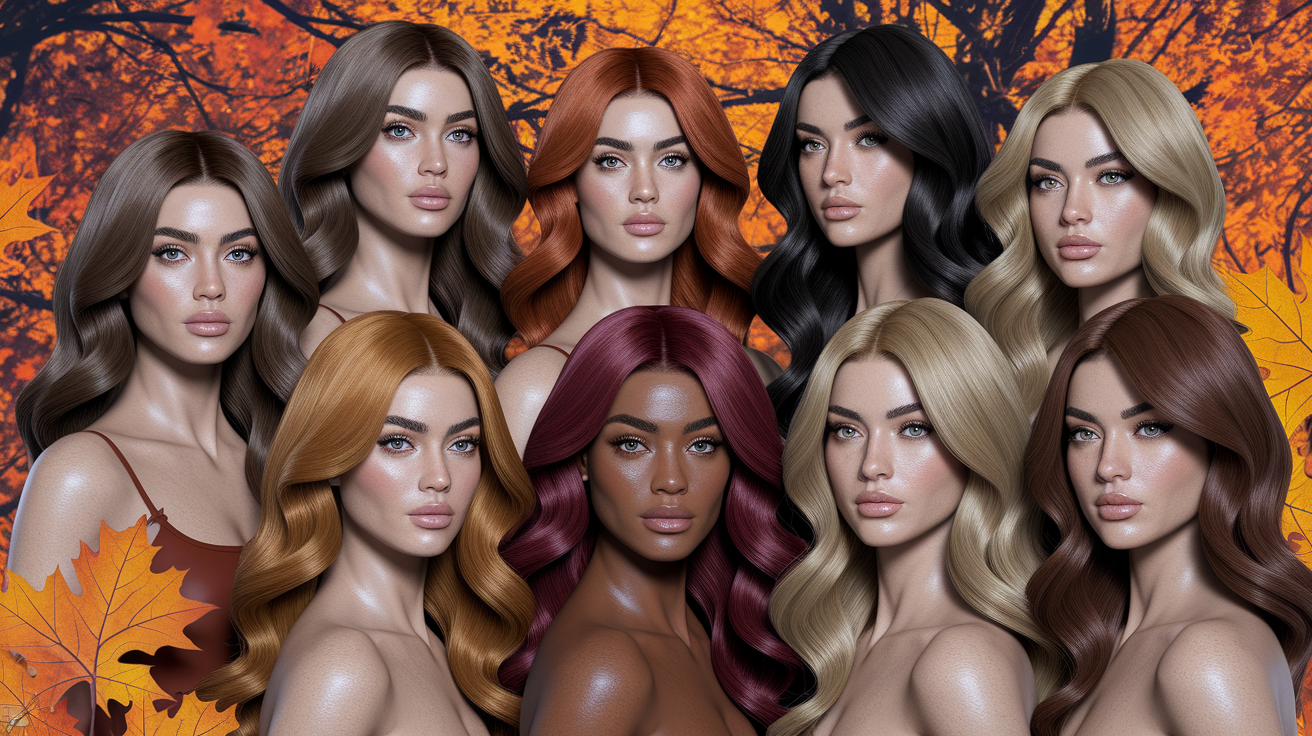 Collection of the most flattering hair colors for true autumn season including browns, reds, and blondes