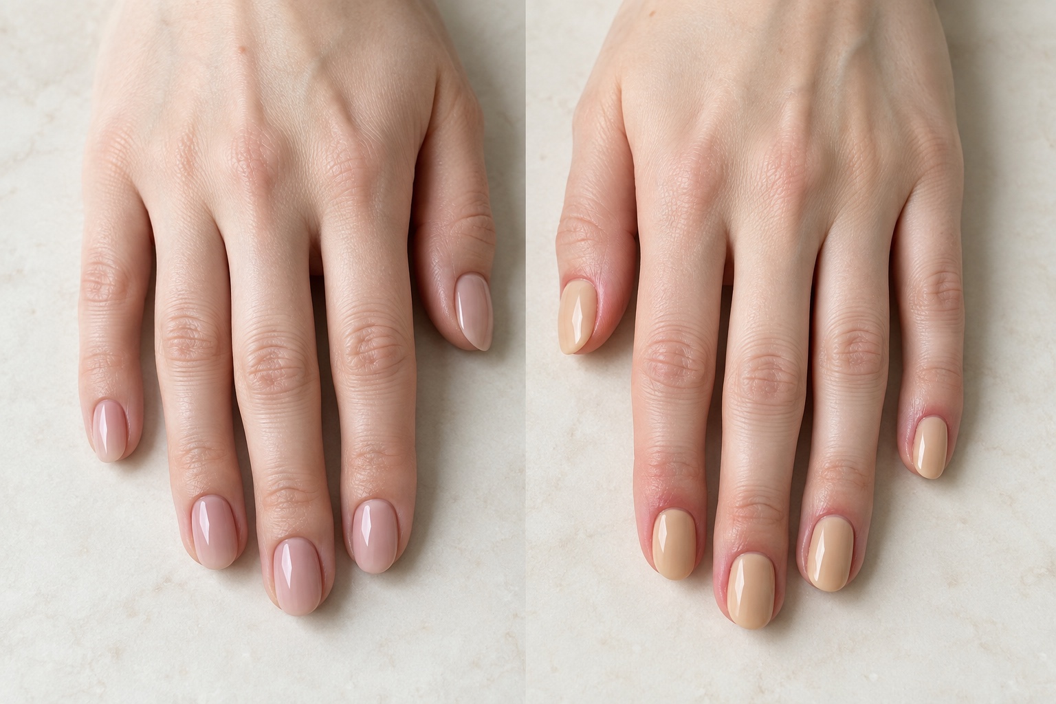 Side by side pale hands showing cool blush nude polish and yellow beige nude polish near natural cuticle redness