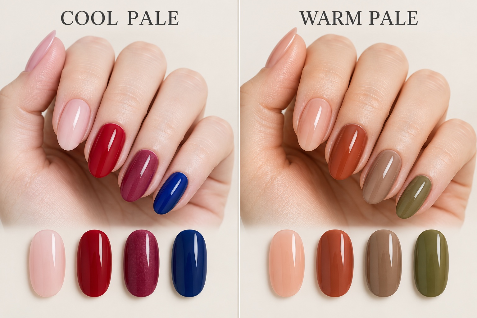 Cool pale hand with pink, red, berry, and cobalt nails beside warm pale hand with peach, terracotta, taupe, and olive nails