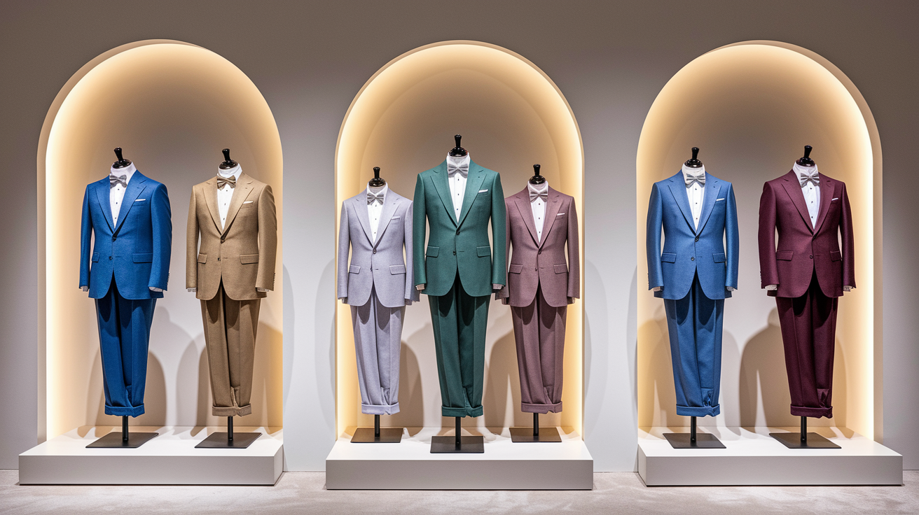 Chart showing the best suit colors for pale skin including navy, earth tones, muted greens, grays, and burgundy
