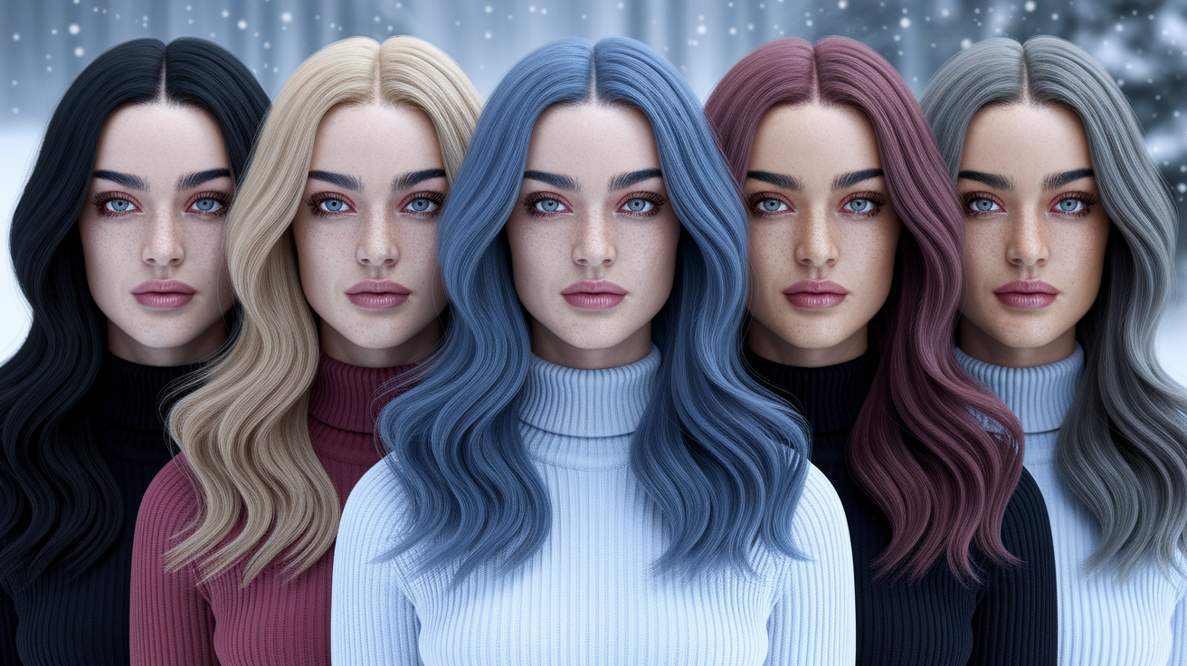 Collection of the best true winter hair colors including black, cool browns, platinum, burgundy, and grey