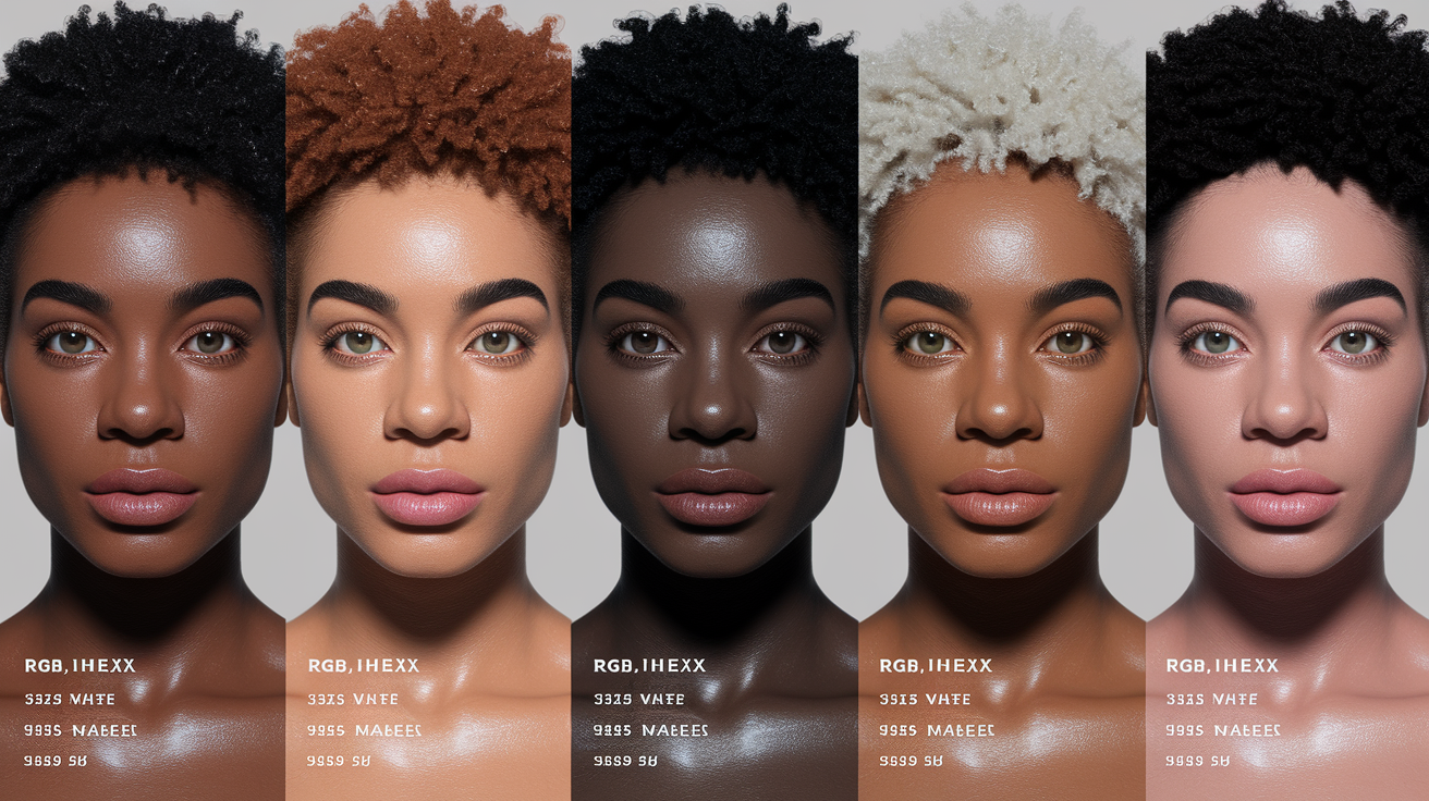 Comprehensive black skin tone color chart showing various shades from tan to deep ebony with hex codes and undertone references