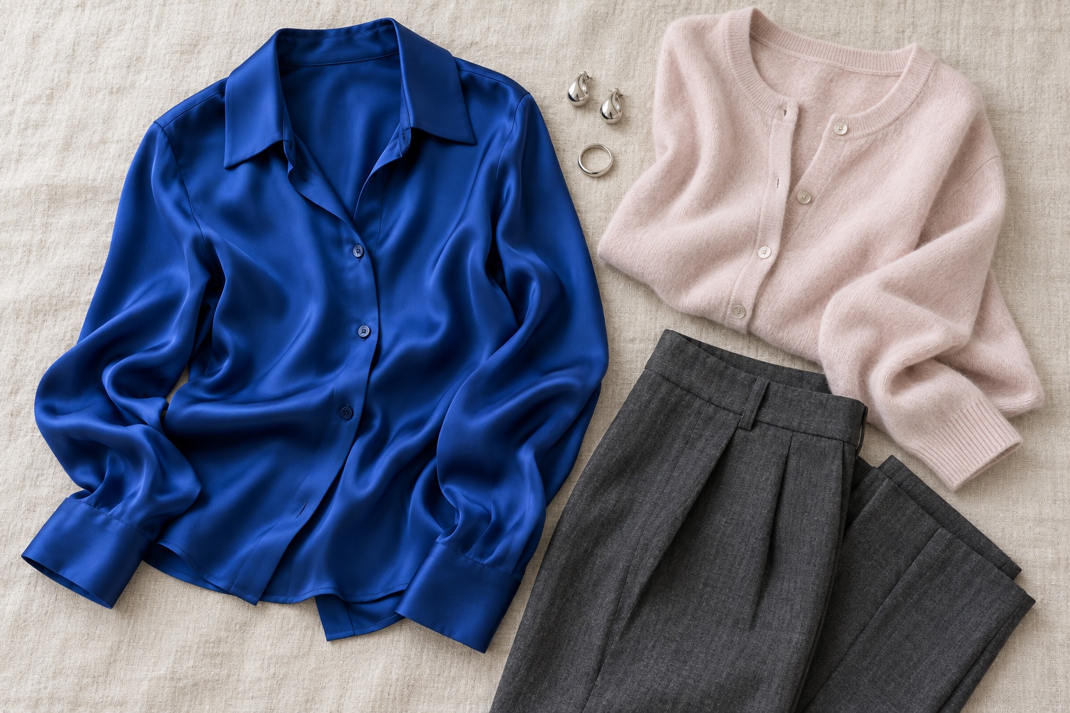 Cool wardrobe flatlay with royal blue silk blouse, icy pink cashmere cardigan, charcoal wool trousers, platinum ring, and silver earrings