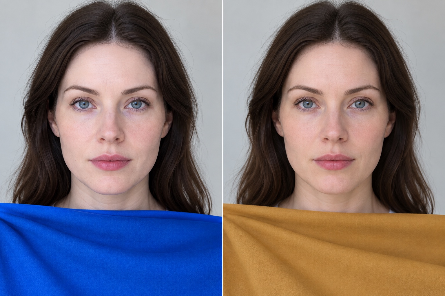 Side-by-side portrait in matching light comparing cobalt blue fabric near the face with mustard camel fabric near the face