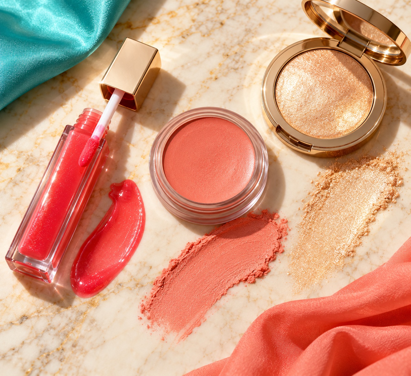 Unbranded watermelon lip gloss, peach cream blush, and golden champagne highlighter with visible makeup swatches