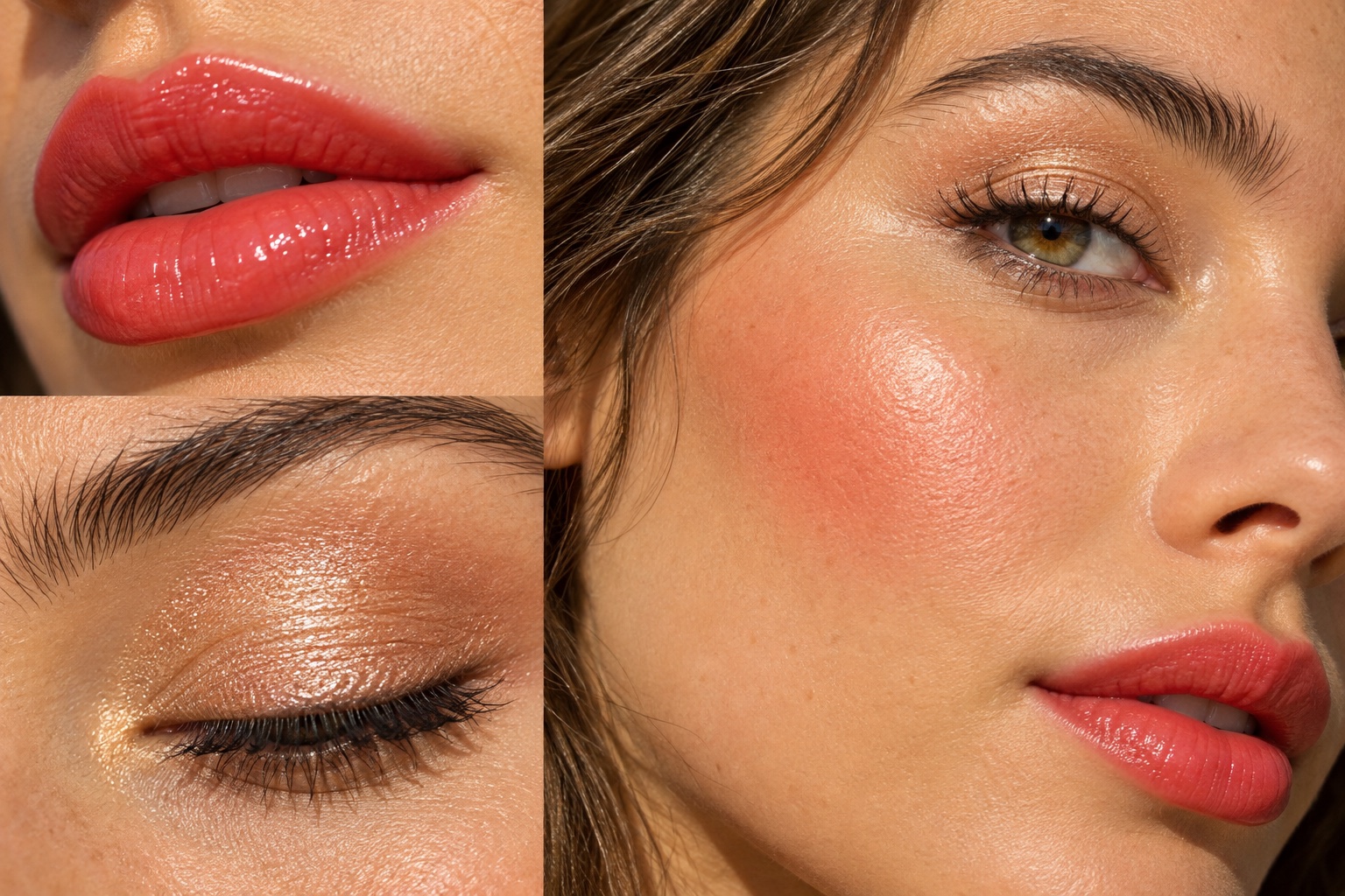 Beauty close-up showing glossy coral-red lips, warm peach blush, and shimmering champagne eyeshadow on warm skin