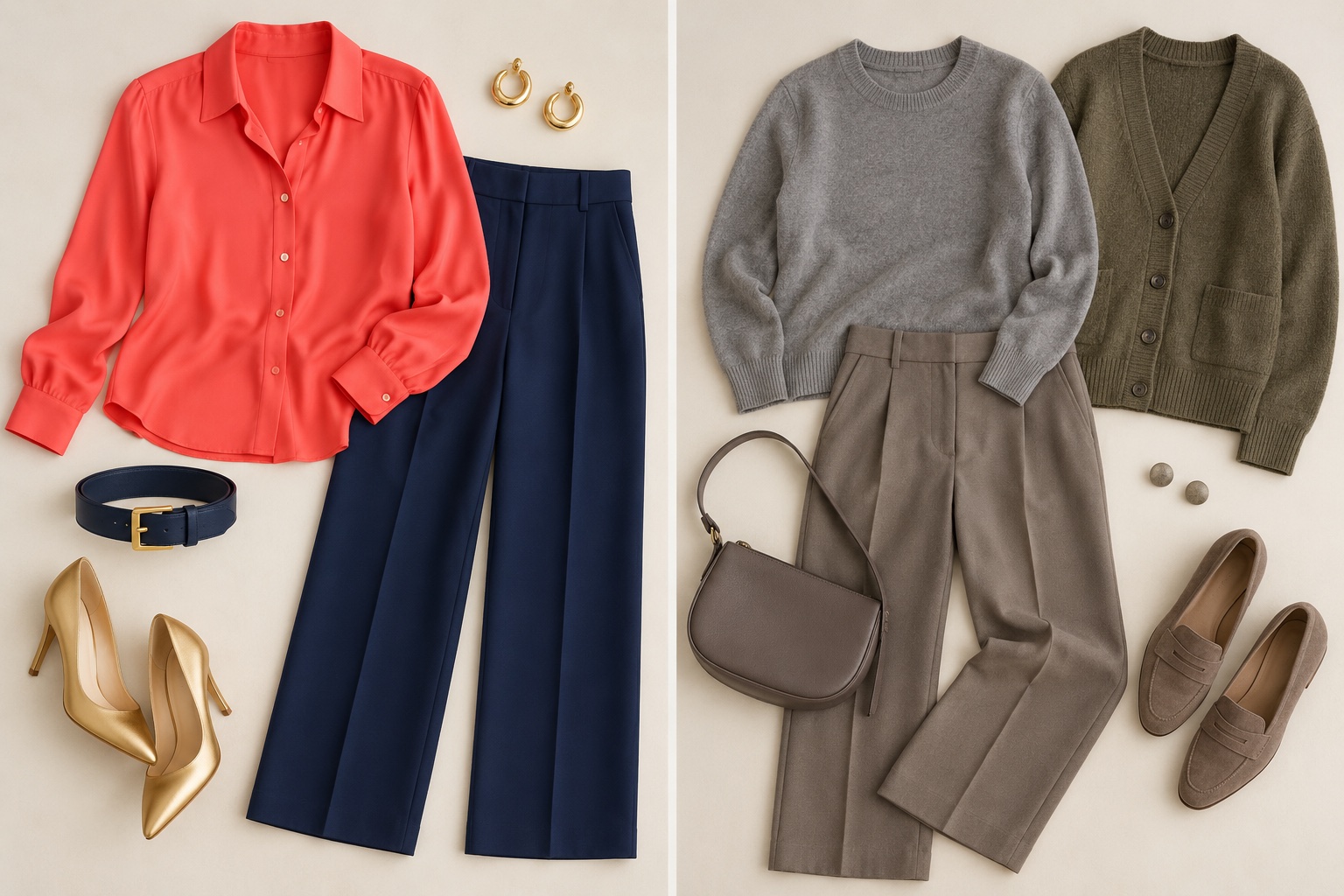 Side-by-side flatlay: coral blouse, clear navy trousers, and gold jewelry beside gray knit, muddy olive cardigan, and taupe trousers