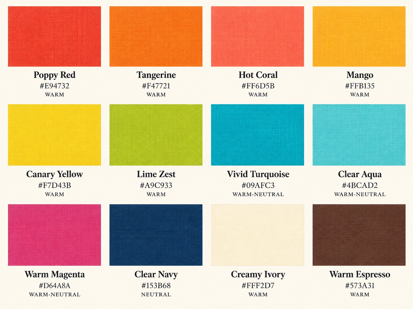 Twelve labeled Bright Spring swatches with hex codes, from poppy red and hot coral to turquoise, clear navy, ivory, and espresso