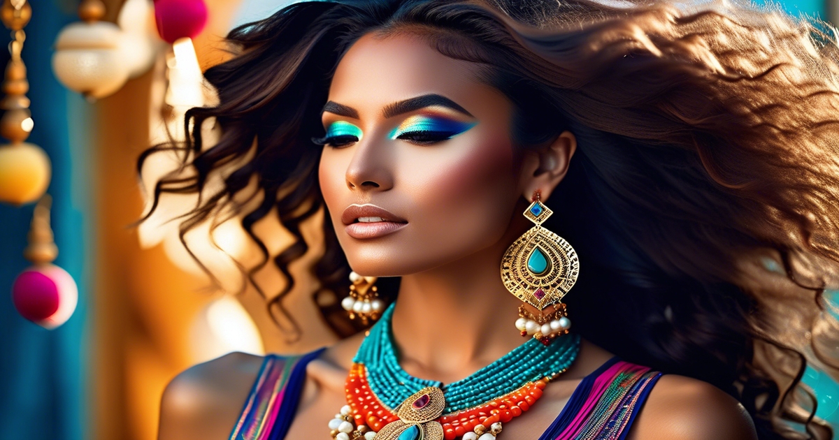 Radiant woman with brown skin showcasing makeup, hair, and jewelry color coordination