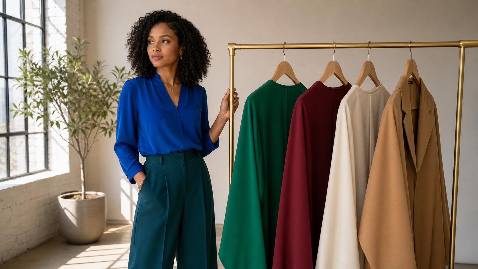 Black woman with brown skin comparing saturated blue, teal, emerald, burgundy, cream, and camel clothing colors