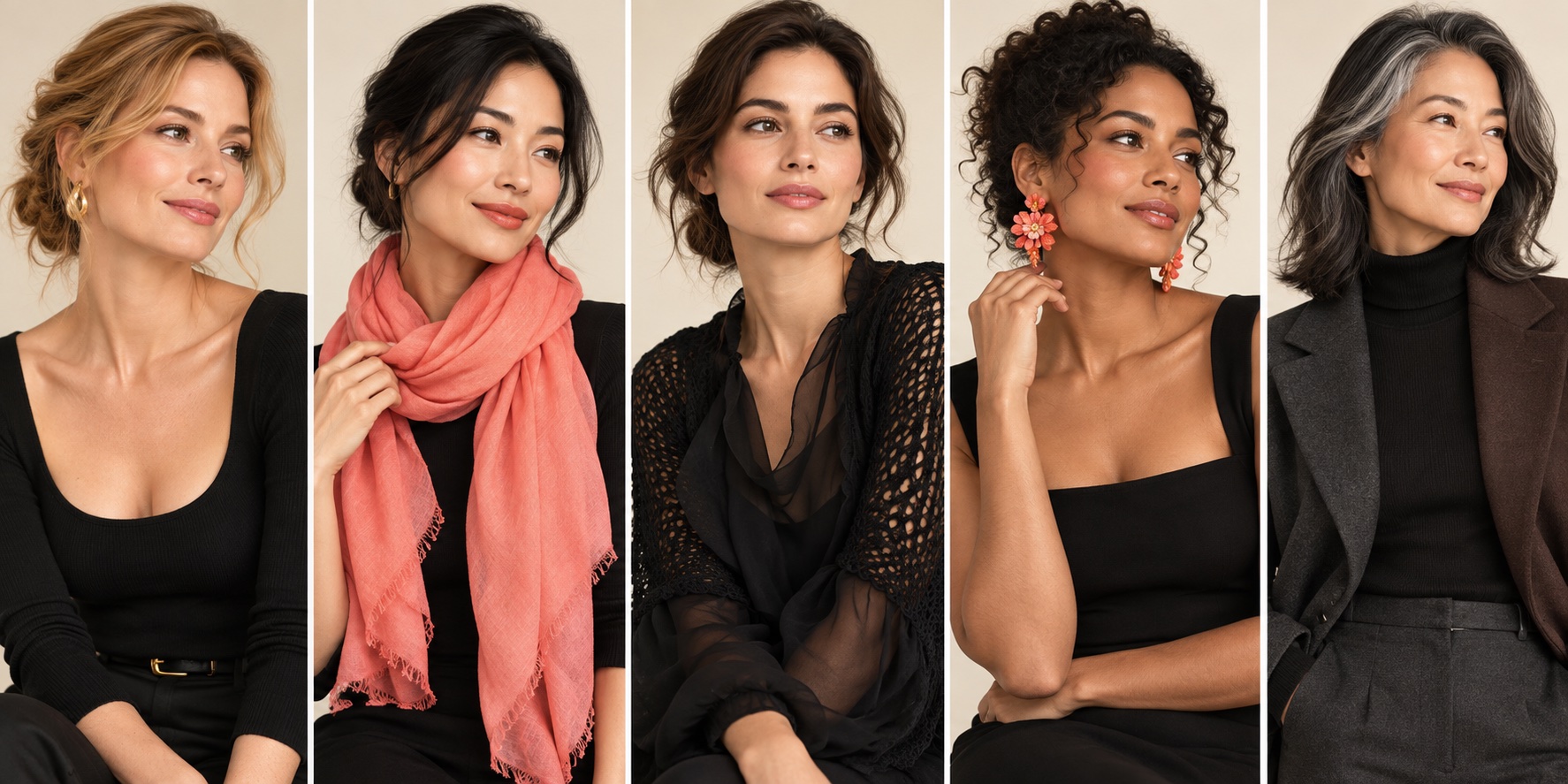 Five models show an open neckline, coral scarf, sheer black texture, coral earrings, and charcoal or espresso near the face
